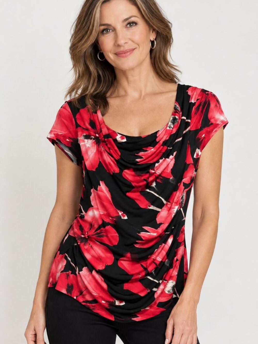 Laura Canada Floral Cowl Neck Top-Size Medium Red and Black Feminine Workwear